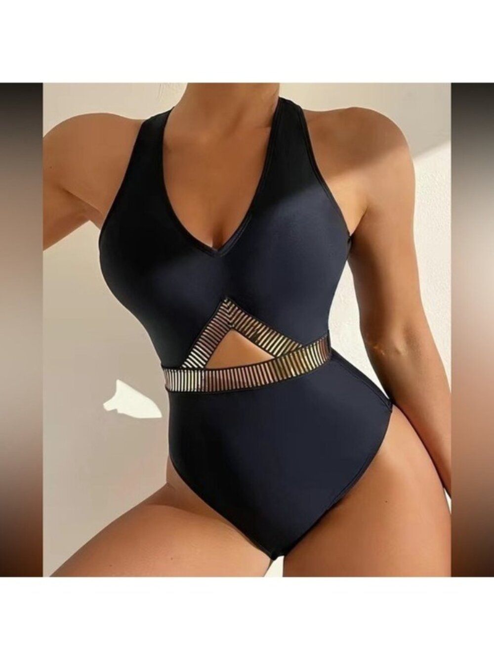 Black Gold Detail Cut-Out V-Neck Swimsuit